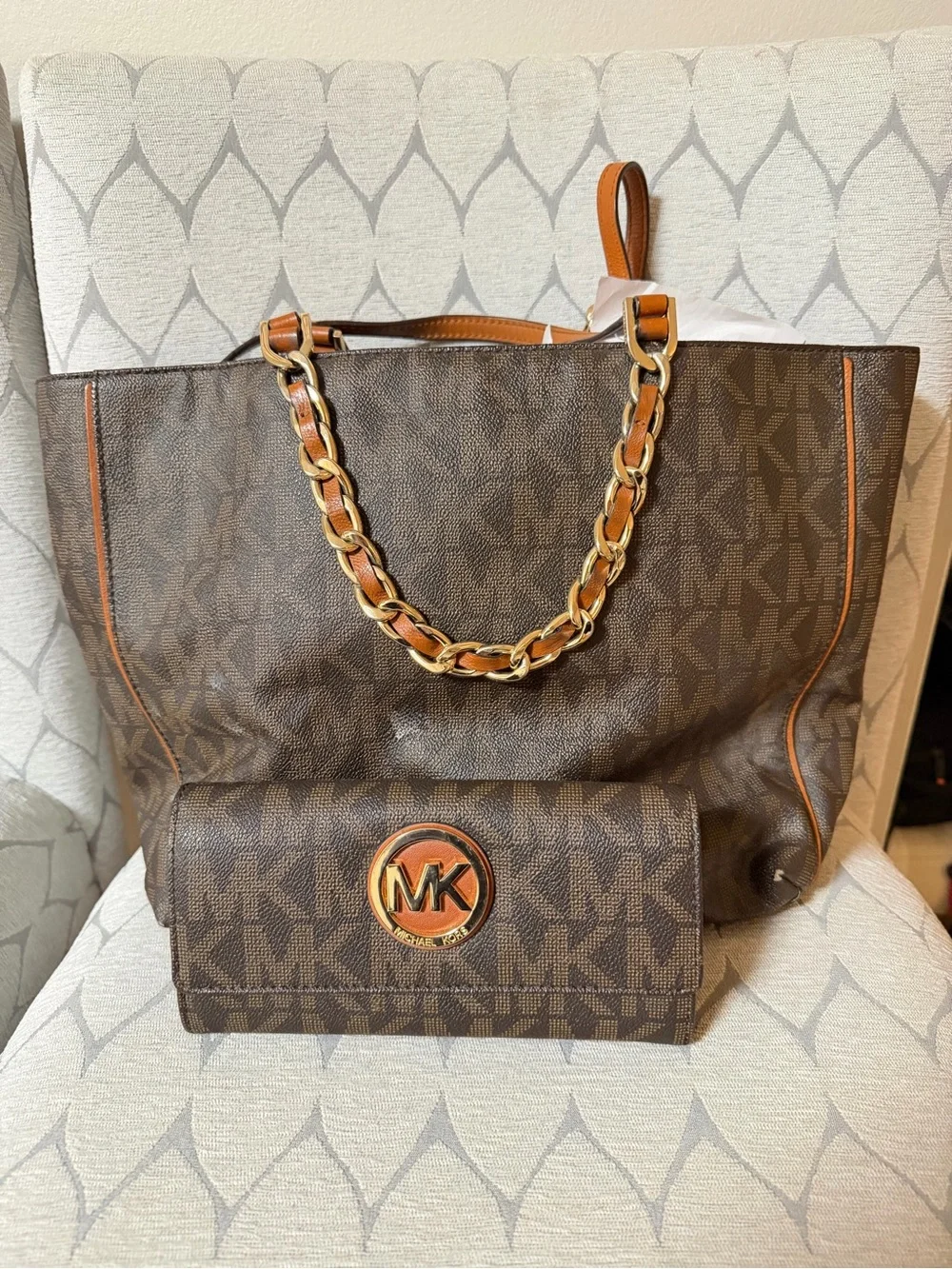 Michael Kors Brown Logo Tote with Gold Chain Handles and Matching Wallet